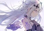  1girl absurdres amane_kanata angel_wings arm_tattoo blue_hair collar colored_inner_hair flat_chest gloves grey_hair hair_bun highres hololive imazakey long_hair multicolored_hair profile purple_eyes simple_background solo tattoo upper_body virtual_youtuber white_background wings 