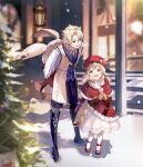  1boy 1girl absurdres ahoge albedo_(genshin_impact) aqua_eyes arms_behind_back bangs black_choker black_footwear black_shorts blonde_hair blue_vest blurry blurry_background blurry_foreground boots braid brown_mittens capelet choker christmas christmas_ornaments christmas_tree coat commentary_request diffraction_spikes dodoco_(genshin_impact) dress frilled_dress frills full_body fur-trimmed_capelet fur_trim genshin_impact hair_between_eyes hands_up hat highres holding holding_stuffed_toy klee_(genshin_impact) knee_boots lantern lens_flare light_brown_hair long_sleeves looking_at_another looking_down low_twintails medium_hair mittens open_mouth outdoors pantyhose parted_bangs pointy_ears red_capelet red_coat red_eyes red_footwear red_hair rokuon round_teeth shadow shirt shoes shorts sidelocks sleeveless sleeveless_coat smile snow snowing standing stuffed_animal stuffed_bunny stuffed_toy teeth tree twintails vest vision_(genshin_impact) white_coat white_pantyhose white_shirt window 