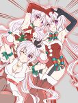  3girls absurdres axia-chan bare_shoulders black_gloves bodysuit breasts character_request check_character dress elbow_gloves gloves grey_hair highres large_breasts long_hair multiple_girls one_eye_closed purple_eyes red_gloves santa_dress senki_zesshou_symphogear senki_zesshou_symphogear_xd_unlimited twintails very_long_hair white_gloves yukine_chris yukine_chris_(another) yukine_christina 