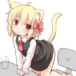  1girl :3 ^_^ ^o^ ahoge animal_ears ascot bangs barefoot black_dress blonde_hair bow cat_ears cat_tail chair closed_eyes closed_mouth collared_shirt commentary cup dress drinking_glass hair_bow long_sleeves looking_at_viewer natsu_no_koucha red_ascot red_bow red_eyes rumia shirt short_hair solo symbol-only_commentary tail touhou white_shirt 