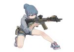  1girl absurdres ammunition_pouch ar-15 blue_hair bulletproof_vest gun handgun highres hood hoodie kneeling magazine_(weapon) multicolored_hair original pilot_webber pink_eyes pink_hair pouch rifle shoes shorts sleeves_rolled_up sneakers solo tactical_clothes weapon 