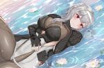  1girl absurdres armor bandaged_head bandages bangs black_gloves blush bodystocking breasts brulee closed_mouth commentary cowboy_shot different_reflection fingerless_gloves gloves goddess_of_victory:_nikke grey_hair hair_between_eyes highres large_breasts leg_up long_hair looking_at_viewer lying lying_on_water marian_(nikke) modernia_(nikke) on_back red_eyes reflection see-through_cleavage sidelocks smile spoilers water_lily_flower 