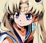  1girl bishoujo_senshi_sailor_moon blonde_hair blue_eyes breasts choker cleavage commentary earrings english_commentary gofu jewelry meme sailor_collar sailor_moon sailor_moon_redraw_challenge_(meme) school_uniform serafuku simple_background solo twintails upper_body yellow_background 