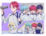  ! !! 3boys black_hair blue_eyes blue_hair blue_lock blue_tkse blush braid closed_eyes closed_mouth commentary_request drying drying_hair frown full_body hair_dryer hairdressing head_rest highres holding holding_another&#039;s_hair holding_hair_dryer isagi_yoichi kurona_ranze long_sleeves looking_at_another lying male_focus multiple_boys multiple_views on_stomach one_eye_closed open_mouth pants red_eyes red_hair shirt short_hair single_braid smile tablet_pc towel_on_one_shoulder white_pants white_shirt you_hiori 