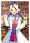  1girl :d black_hair blurry blurry_background blush braid brown_vest chair collared_shirt commentary_request commission depth_of_field desk forehead glasses hakase_satomi kou_hiyoyo labcoat long_hair long_sleeves low_twintails mahou_sensei_negima! neck_ribbon open_clothes plaid plaid_skirt pleated_skirt red_ribbon red_skirt ribbon round_eyewear school_chair school_desk shirt skeb_commission skirt smile solo twin_braids twintails vest white_shirt yellow_eyes 