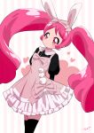  1girl absurdres alternate_costume amesafu animal_ears blush casual commentary_request cure_whip dress earrings eyelashes highres jewelry kirakira_precure_a_la_mode long_hair looking_at_viewer magical_girl pink_dress pink_eyes pink_hair precure puffy_sleeves rabbit_ears signature solo standing striped striped_background thighhighs thighs twintails usami_ichika 