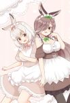  2girls alternate_costume animal_ears apron bare_shoulders bow brown_dress brown_eyes brown_fur brown_hair collared_dress commentary_request detached_collar dress enmaided european_hare_(kemono_friends) frilled_apron frilled_dress frilled_sleeves frills fur_trim green_bow hair_bow hair_over_one_eye highres kemono_friends long_hair maid maid_apron maid_headdress mountain_hare_(kemono_friends) multicolored_hair multiple_girls pink_bow rabbit_ears rabbit_girl rabbit_tail shiraha_maru short_hair short_sleeves tail white_apron white_hair 