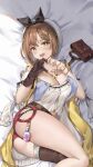  1girl absurdres atelier_(series) atelier_ryza atelier_ryza_1 bed braid breasts brown_hair cleavage hair_between_eyes hairband highres large_breasts looking_at_viewer lying on_bed open_mouth reisalin_stout short_hair smile teeth thick_thighs thighs upper_teeth_only yaomiaomiao yellow_eyes 