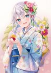  1girl :d bangs blue_eyes blue_kimono bow braid commentary_request floral_print flower frills gradient gradient_background green_bow grey_hair hair_between_eyes hair_bow hair_flower hair_ornament hands_up highres holding japanese_clothes kimono long_hair long_sleeves looking_at_viewer low_twintails nail_polish obi original pink_background pink_nails print_kimono purple_flower sakura_hiyori sash signature smile solo twin_braids twintails twitter_username unmoving_pattern white_background white_flower wide_sleeves yagasuri 