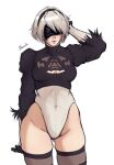  1girl arm_behind_back artist_name bawdy_art black_blindfold black_hairband blindfold breasts cleavage cleavage_cutout clothing_cutout covered_eyes covered_navel feather-trimmed_sleeves feather_trim grey_hair hairband highres large_breasts leotard mole mole_under_mouth nier_(series) nier_automata short_hair solo thighhighs thong_leotard white_background white_hair white_leotard yorha_no._2_type_b 