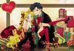  1boy 1girl 2017 bishoujo_senshi_sailor_moon black_footwear black_hair black_jacket black_pants blonde_hair bow bowtie box brown_footwear chiba_mamoru choker closed_mouth collared_shirt couple diadem dress earrings elbow_gloves gift gift_box gloves green_dress green_shirt hair_intakes heart high_heels index_finger_raised jacket jewelry layered_dress long_hair looking_at_viewer merry_christmas open_clothes open_jacket pants pumps red_bow red_bowtie red_choker red_gloves red_thighhighs sarashina_kau shiny shiny_hair shirt short_dress short_hair smile strapless strapless_dress thighhighs tsukino_usagi very_long_hair vest wing_collar yellow_vest 