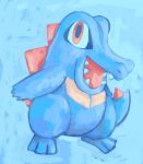  :d blue_background blue_tail blue_theme crocodilian english_commentary full_body no_humans open_mouth pokemon pokemon_(creature) red_eyes sailorclef sharp_teeth smile solo spiked_tail spikes tail teeth totodile 