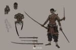  2021 4_arms 4_eyes anthro armor asian_clothing bandanna barefoot chinese_clothing chinese_text clothed clothing demon ear_piercing ear_ring east_asian_clothing fantasy feet fully_clothed humanoid jewelry jian katana kerchief lamellar looking_at_viewer male melee_weapon model_sheet multi_arm multi_eye multi_limb muyang_fort necklace piercing ring_piercing solo sword text topless warrior weapon 