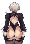  1girl artist_name back_cutout bawdy_art boots clothing_cutout feather-trimmed_sleeves from_behind grey_hair highres juliet_sleeves leotard long_sleeves nier_(series) nier_automata puffy_sleeves short_hair solo thighhighs thighhighs_under_boots thong_leotard white_background white_leotard yorha_no._2_type_b 