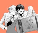  2boys alcohol beer beer_mug blue_lock blue_tkse blurry blurry_foreground blush cellphone closed_mouth commentary_request cropped_torso cup drunk greyscale_with_colored_background hand_on_another&#039;s_head holding holding_cup holding_phone hood hood_down hoodie isagi_yoichi jacket long_sleeves looking_at_viewer male_focus michael_kaiser monochrome mug multiple_boys open_mouth orange_background out_of_frame phone shirt short_hair simple_background smartphone smile taking_picture upper_body 