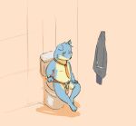  blue_body blue_fur canid canine canis chastity_belt chastity_cage chastity_device fur male mammal necktie orange_necktie sebasteray slightly_chubby solo toilet wolf 