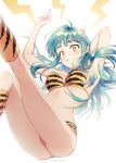 1girl absurdres animal_print arm_behind_head armpits arms_up bangs bare_arms bliss_(ferment_factory) blue_hair bra breasts floating_hair from_below highres kneehighs long_hair lum medium_breasts open_mouth panties print_bra shiny shiny_hair sideboob socks solo strapless strapless_bra tiger_panties tiger_print underwear underwear_only urusei_yatsura yellow_bra yellow_eyes yellow_panties yellow_socks 