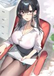  1girl absurdres bangs black_eyes black_hair black_pantyhose black_skirt blush bra_visible_through_clothes breasts bursting_breasts chair collarbone commentary_request file_cabinet glasses highres holding holding_paper inushima jewelry large_breasts long_hair long_sleeves looking_at_viewer necklace office_chair office_lady open_mouth original pantyhose paper see-through semi-rimless_eyewear shirt signature simple_background sitting skirt solo under-rim_eyewear white_shirt 