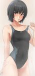  1girl adjusting_clothes adjusting_swimsuit amagami black_hair breasts brown_hair competition_swimsuit embarrassed grey_background highres looking_at_viewer nanasaki_ai one-piece_swimsuit short_hair signature solo sweat swimsuit thighs yoo_tenchi 
