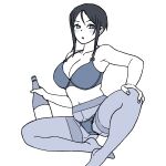  1girl alcohol bangs bottle bra breasts chouno_ami cleavage girls_und_panzer greyscale hand_on_own_knee highres holding holding_bottle large_breasts lingerie monochrome onsen_tamago_(hs_egg) panties pantyhose short_hair sitting solo swept_bangs thighband_pantyhose underwear 