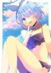  1girl :d arona_(blue_archive) bare_arms bare_shoulders bikini black_bikini black_bow black_choker blue_archive blue_eyes blue_hair blue_sky blush bow braid choker cloud cloudy_sky collarbone commentary_request commission feet_out_of_frame frilled_bikini frills hair_over_one_eye hair_ribbon hairband halo hand_up horizon knees_up kou_hiyoyo multicolored_hair navel ocean pink_hair ribbon single_braid sitting skeb_commission sky smile solo streaked_hair swimsuit two-tone_hair water white_hairband white_ribbon 