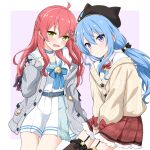  2girls ahoge bangs blue_choker blue_eyes blue_hair blush brown_cardigan cardigan choker closed_mouth collared_shirt cosplay costume_switch fang felutiahime garter_straps green_eyes grey_cardigan hair_between_eyes hat highres hololive hoshimachi_suisei hoshimachi_suisei_(cosplay) long_hair long_sleeves looking_at_viewer multiple_girls off_shoulder open_cardigan open_clothes open_mouth pink_hair plaid plaid_skirt red_skirt sailor_collar sakura_miko sakura_miko_(cosplay) shirt simple_background skirt star_(symbol) star_in_eye symbol_in_eye thighhighs twintails virtual_youtuber white_sailor_collar white_shirt white_skirt 