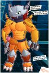  abs animal_humanoid anthro armor balls bandai_namco biceps bodily_fluids dialogue digimon digimon_(species) digital_media_(artwork) english_text erection genital_fluids genitals hair headgear helmet hi_res humanoid humanoid_genitalia humanoid_penis male mostly_nude muscular muscular_anthro muscular_male nipples open_mouth outline pecs penis precum red_hair scalie scalie_humanoid solo speech_bubble sweat sweaty_balls sweaty_genitalia text vein veiny_penis voy_barranca_abajo wargreymon yellow_body 