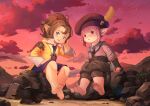  2girls barefoot beret boots bow brown_hair evening feet final_fantasy final_fantasy_xiv hair_bow hat hat_feather highres krile_mayer_baldesion_(ff14) lalafell looking_at_viewer multiple_girls pointy_ears ponytail shoe_removed sitting smile tataru_taru tenescross toes wet 