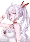  1girl absurdres ahoge alternate_costume axia-chan bare_shoulders bracelet breasts choker cleavage grey_hair hair_between_eyes hair_ornament hairclip highres jewelry large_breasts long_hair open_mouth ponytail purple_eyes red_choker senki_zesshou_symphogear shirt sidelocks white_background white_shirt yukine_chris 