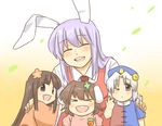  animal_ears apron bad_id bad_pixiv_id blush bunny_ears carrot clover clover_hair_ornament four-leaf_clover four-leaf_clover_hair_ornament hair_ornament houraisan_kaguya inaba_tewi koyama_shigeru multiple_girls open_mouth reisen_udongein_inaba smile tongue touhou yagokoro_eirin younger 