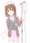  bad_id bad_pixiv_id banned_artist blush brown_eyes brown_hair cardigan clipboard hair_ornament hairclip hat hirasawa_yui intravenous_drip k-on! mirai_(macharge) nurse nurse_cap pantyhose short_hair smile solo white_legwear 