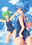  adjusting_clothes adjusting_swimsuit bad_id bad_pixiv_id bare_shoulders blue_eyes blue_hair cirno daiyousei face fairy_wings green_hair highres ice innertube looking_back miu_(angelo_whitechoc) multiple_girls one-piece_swimsuit school_swimsuit short_hair side_ponytail swimsuit touhou water wings 