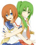  blue_eyes brown_hair green_eyes green_hair higurashi_no_naku_koro_ni locked_arms long_hair multiple_girls nemu_(nebusokugimi) ponytail ryuuguu_rena school_uniform serafuku short_hair sonozaki_mion 