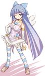  alternate_costume bare_shoulders blue_eyes blue_hair bow hair_bow hand_on_hip legs one_eye_closed panty_&amp;_stocking_with_garterbelt sandals simple_background skirt solo stocking_(psg) striped striped_legwear thighhighs yumesato_makura 