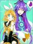  1girl age_difference artist_request blonde_hair blue_eyes bow couple headset hetero kagamine_rin kamui_gakupo long_hair purple_hair samurai smile vocaloid 