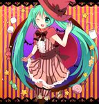  ao_ringo blue_eyes blue_hair blush bow bowtie dress hat hatsune_miku highres long_hair looking_at_viewer puffy_short_sleeves puffy_sleeves red_bow red_neckwear short_sleeves solo striped tareme twintails vertical_stripes very_long_hair vocaloid witch_hat 