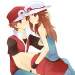  1girl alternate_costume alternate_headwear artist_request blue_(pokemon) brown_eyes brown_hair couple hat hetero pokemon pokemon_(game) pokemon_frlg red_(pokemon) red_(pokemon_frlg) skirt 