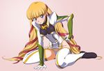  adjusting_clothes adjusting_leotard arm_support bangs blonde_hair blue_eyes blunt_bangs blush code_geass garter_straps gloves gradient gradient_background groin hair_ribbon high_collar highleg highleg_leotard kimura_takahiro leaning_forward leotard long_hair long_legs long_sleeves looking_at_viewer low_twintails military military_uniform monica_kruszewski official_art parted_lips pink_background puffy_sleeves ribbon simple_background sitting solo thighhighs turtleneck twintails uniform wariza white_legwear 