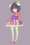  alternate_costume anda_inmu animal_ears black_hair blush bunny_ears carrot food_as_clothes food_themed_clothes frills full_body green_legwear hair_ornament highres inaba_tewi japanese_clothes kimono kimono_skirt looking_at_viewer mary_janes multicolored multicolored_clothes multicolored_legwear obi pantyhose red_eyes sash shoes short_hair simple_background solo standing striped striped_legwear touhou 