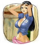  arms_behind_head black_hair breasts brown_eyes cleavage grin hair_slicked_back large_breasts long_hair midriff navel nico_robin one_piece pink_sarong sarong smile solo sunglasses suyu38 unzipped zipper 