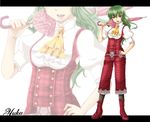  ascot bad_id bad_pixiv_id blouse boots character_name closed_umbrella cross-laced_footwear fang geike green_hair hand_on_hip kazami_yuuka kazami_yuuka_(pc-98) lace-up_boots letterboxed lipstick long_hair makeup over_shoulder pants pantyhose pantyhose_under_trousers parasol plaid plaid_pants puffy_sleeves red_eyes solo touhou touhou_(pc-98) umbrella zoom_layer 
