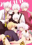  6+boys animal_ears bad_id bad_pixiv_id blonde_hair candy crossdressing food formal gintama glasses lollipop lying male_focus multiple_boys multiple_persona necktie on_side on_stomach one_eye_closed otoko_no_ko red_eyes sakata_gintoki sheath sheathed suit sword tail tiger_ears tiger_stripes tiger_tail time_paradox twintails weapon white_hair younger 