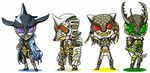  3boys bodysuit chibi gamel gauntlets grin helmet horns kamen_rider kamen_rider_ooo_(series) kazari looking_at_viewer ma_(pixiv2418913) mezul monster multiple_boys simple_background smile teeth uva white_background 