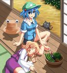  barefoot blonde_hair blue_eyes blue_hair bluepony cucumber eggplant eyes feet food hair_bobbles hair_ornament hands_on_feet hat hat_removed headwear_removed indian_style kaenbyou_rin kaenbyou_rin_(cat) kawashiro_nitori lying moriya_suwako multiple_girls on_side school_swimsuit short_hair sitting sleeping smile swimsuit swimsuit_under_clothes thighhighs tomato touhou twintails two_side_up vegetable 