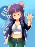  alternate_costume belt blueberry_(5959) breasts casual cleavage closed_eyes contemporary curvy double_bun highres large_breasts long_hair midriff navel patchouli_knowledge purple_hair smile solo touhou waving 