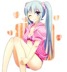  aqua_eyes aqua_hair bad_id bad_pixiv_id bikini hatsune_miku jacket kohaku. legs long_hair one_eye_closed scrunchie sitting smile solo swimsuit twintails very_long_hair vocaloid 