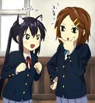  2girls :3 animal_ears bad_id bad_pixiv_id black_hair brown_hair drawn_on_eyes fang hirasawa_yui k-on! multiple_girls nakano_azusa ronti smile twintails 