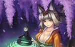  animal_ears breasts cherry_blossoms cleavage collarbone fox_ears hair_up highres japanese_clothes kaizeru kongiku lantern large_breasts leaf leaf_on_head lips lipstick makeup night oboro_muramasa orange_eyes paper_lantern silver_hair solo wallpaper 