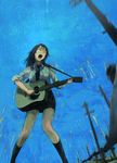  acoustic_guitar bad_id bad_pixiv_id black_hair blue_background closed_eyes from_below guitar highres instrument long_hair music necktie nimirom open_mouth original rain shirt singing skirt sleeves_folded_up solo telephone_pole wet wet_clothes 