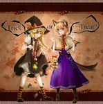  alice_margatroid animal_ears brown_background candy cat_ears checkerboard_cookie cookie doll food halloween kirisame_marisa lollipop multiple_girls sabuosandayo shanghai_doll skirt_basket swirl_lollipop touhou trick_or_treat 